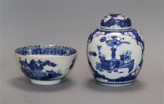 A Chinese ginger jar (Kangxi mark) and similar blue and white bowl jar overall 16cm